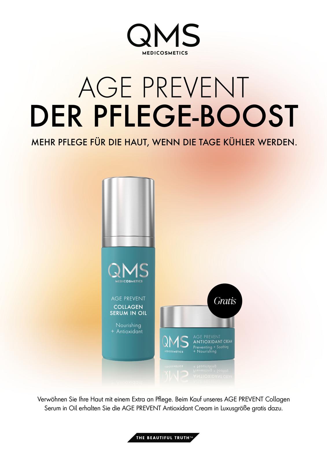 QMS AGE PREVENT Pflege-Boost: Collagen Serum in Oil mit Antioxidant Cream gratis in Luxusgröße